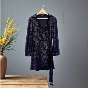 Double Crazy Black Sequin Long Sleeve Wrap Dress L